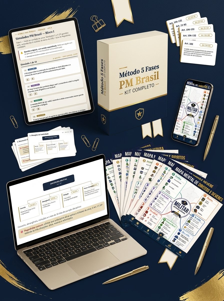 Composição dos materiais do Método 5 Fases PM Brasil com apostila, mapas, resumos, questões e simulados